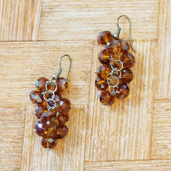 Jewelry - Vintage 1990s Root Beer Crystal Dangle Earrings – Faceted Beads, Silver Tone, 2”